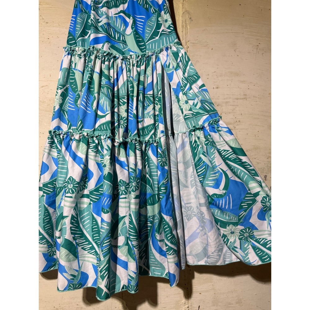 Tropical Toucan Bird 3 Tiered Maxi Skirt Blue Green Floral Side Split Boho L